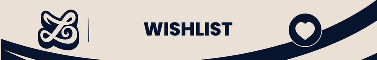Stylish wishlist graphic featuring a logo and heart symbol in navy and beige colors.