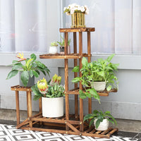 6-tier wooden plant stand showcasing various potted plants in a stylish display, perfect for indoor gardens.