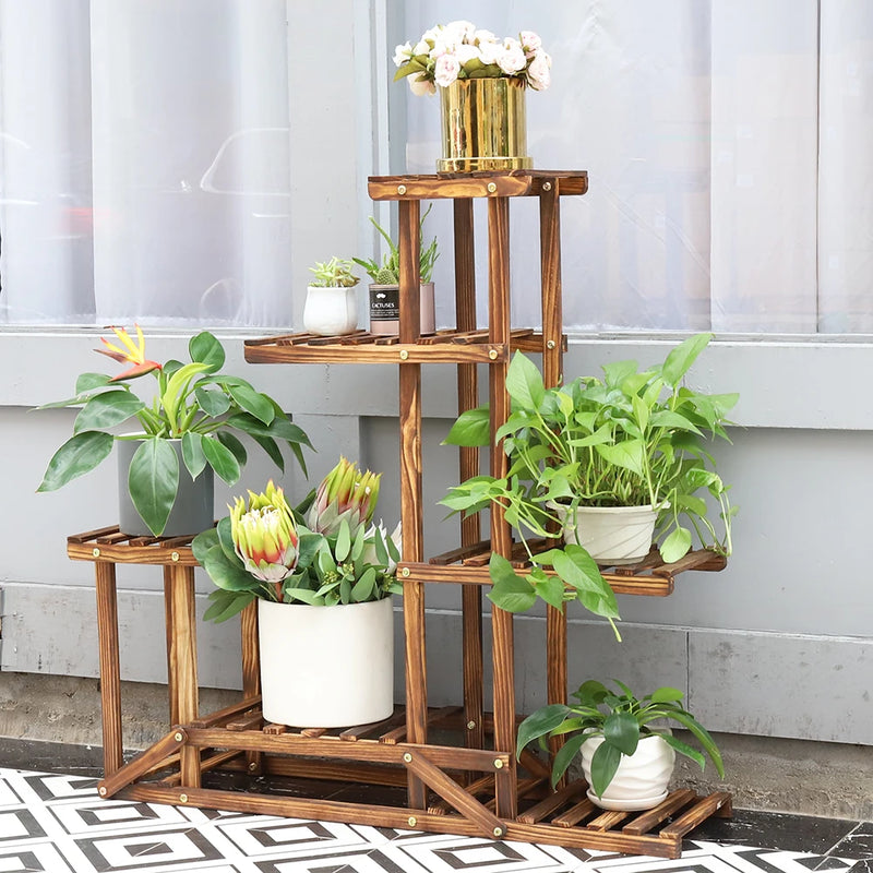 6-tier wooden plant stand showcasing various potted plants in a stylish display, perfect for indoor gardens.