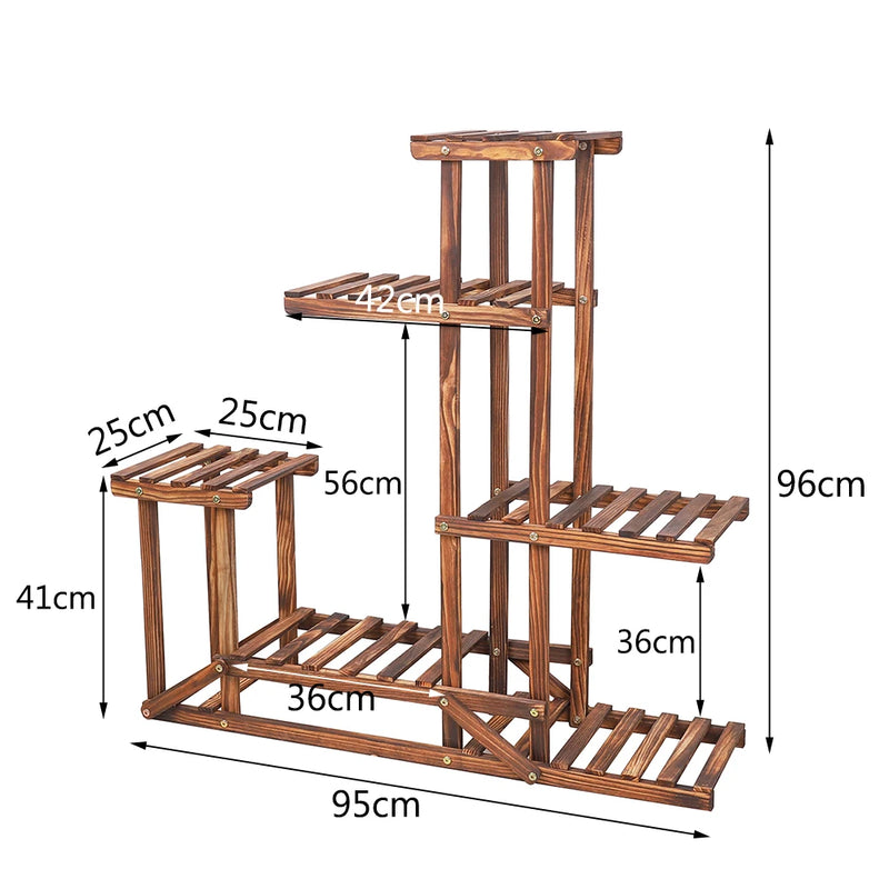 6-Tier Wooden Plant Stand showcasing dimensions, crafted from pine wood for stylish and functional plant display.
