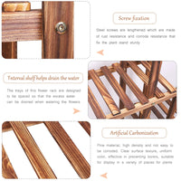 6-tier wooden plant stand features: screw fixation, drainage shelf, and carbonized pine wood design for durability.