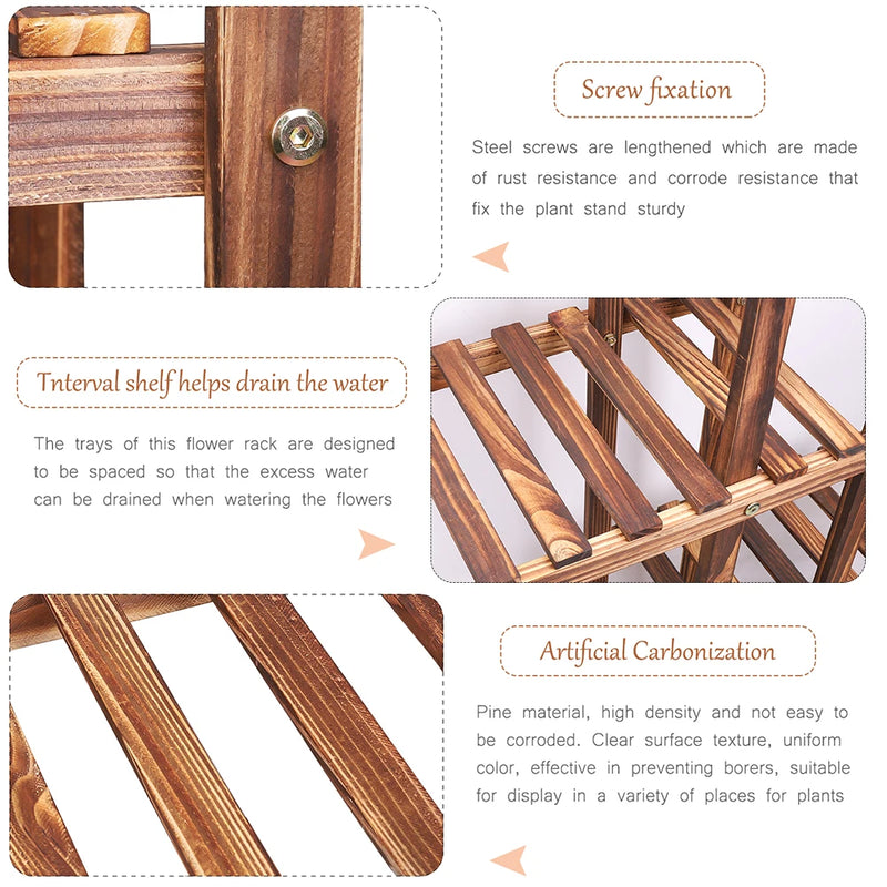 6-tier wooden plant stand features: screw fixation, drainage shelf, and carbonized pine wood design for durability.