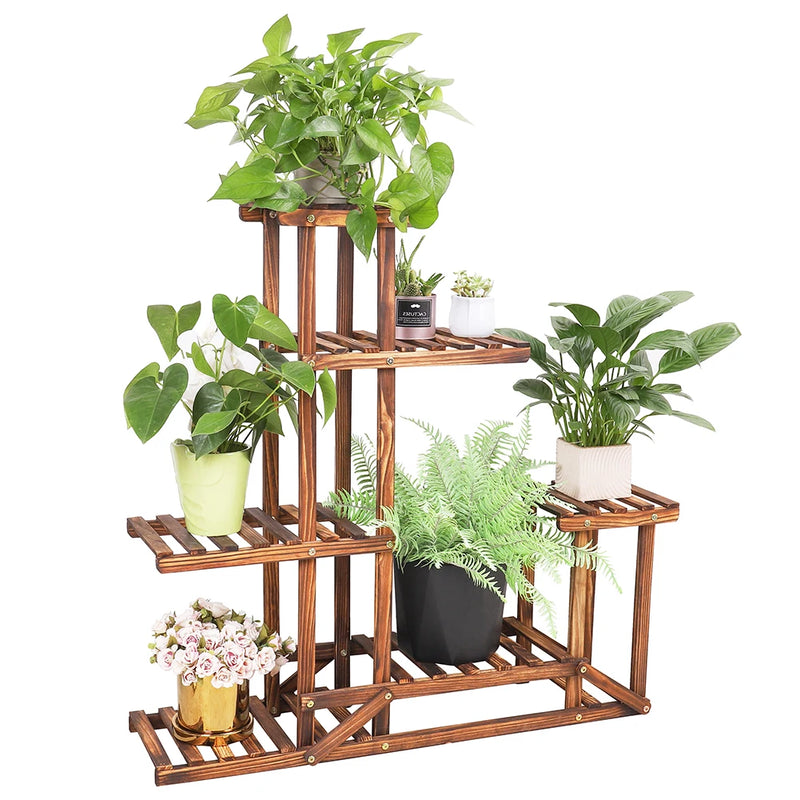 6-tier wooden plant stand made of pine wood, displaying various plants in pots for stylish indoor or outdoor decor.