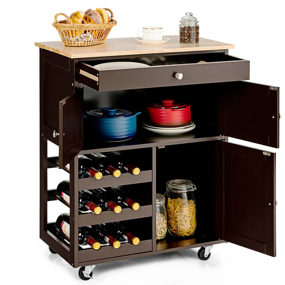 3-Tier Rolling Kitchen Trolley with Wine Rack