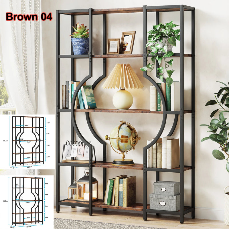 5-Tier Industrial Etagere Rustic Bookcase in brown finish showcasing books and decor.