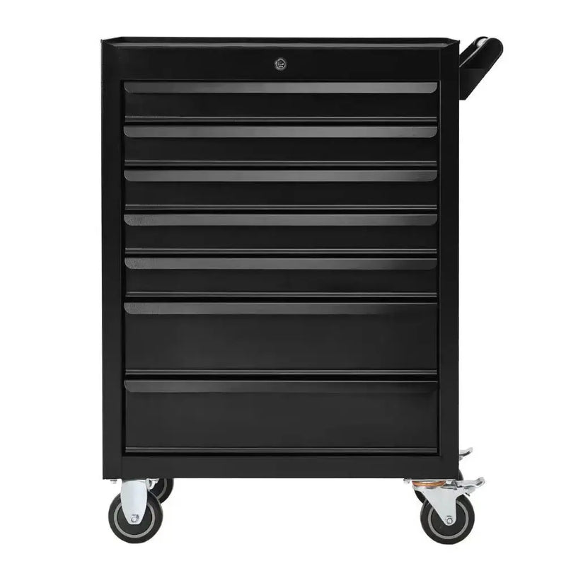 Lockable seven drawer tool trolley cabinet on wheels for secure tool storage and organization.