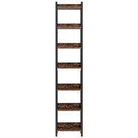 7-tier tall narrow bookshelf with wood shelves and black metal frame for space-saving storage.