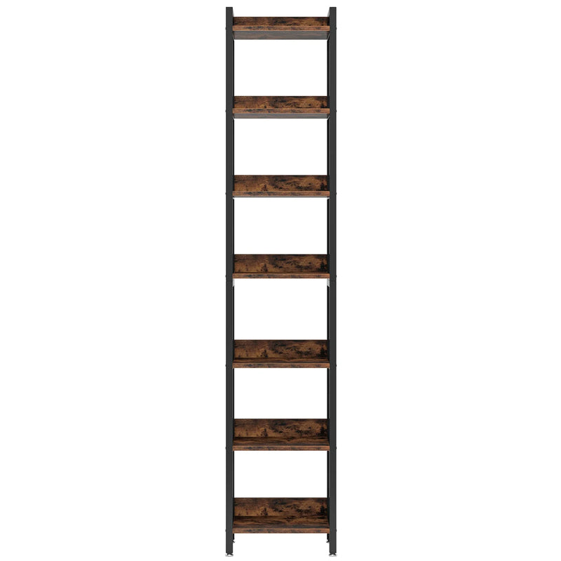 7-tier tall narrow bookshelf with wood shelves and black metal frame for space-saving storage.
