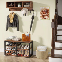 Industrial Coat Rack and Shoe Bench Set with 3 Storage Cubbies