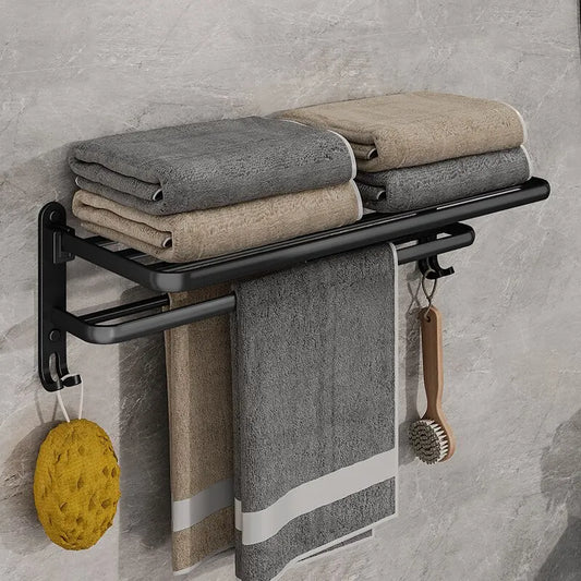 Matte Black Folding Wall-Mount Aluminium Towel Rack with Hook