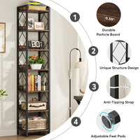 7-tier tall narrow bookshelf designed for space-saving with durable materials and unique structure, ideal for books and decor.
