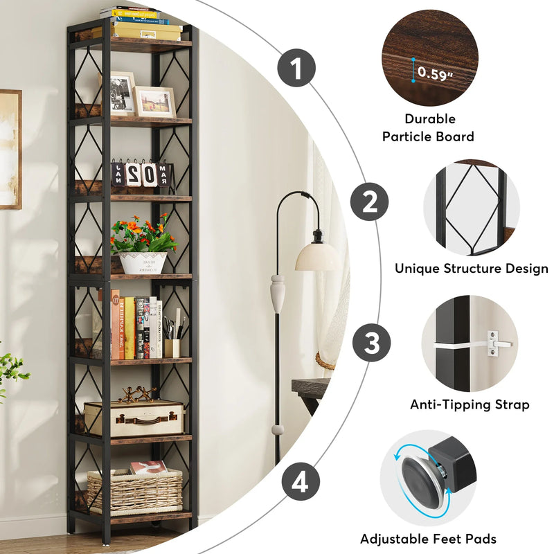 7-tier tall narrow bookshelf designed for space-saving with durable materials and unique structure, ideal for books and decor.