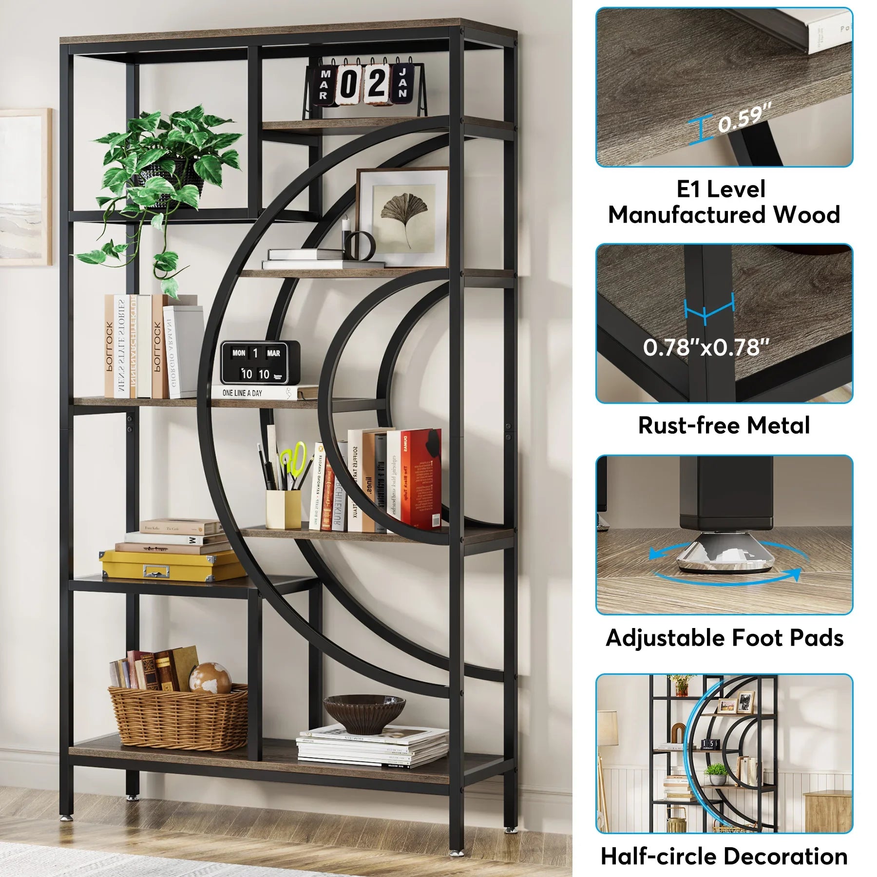 8-Tier Rustic Geometric Bookcase with Metal Frame - Luvasmr