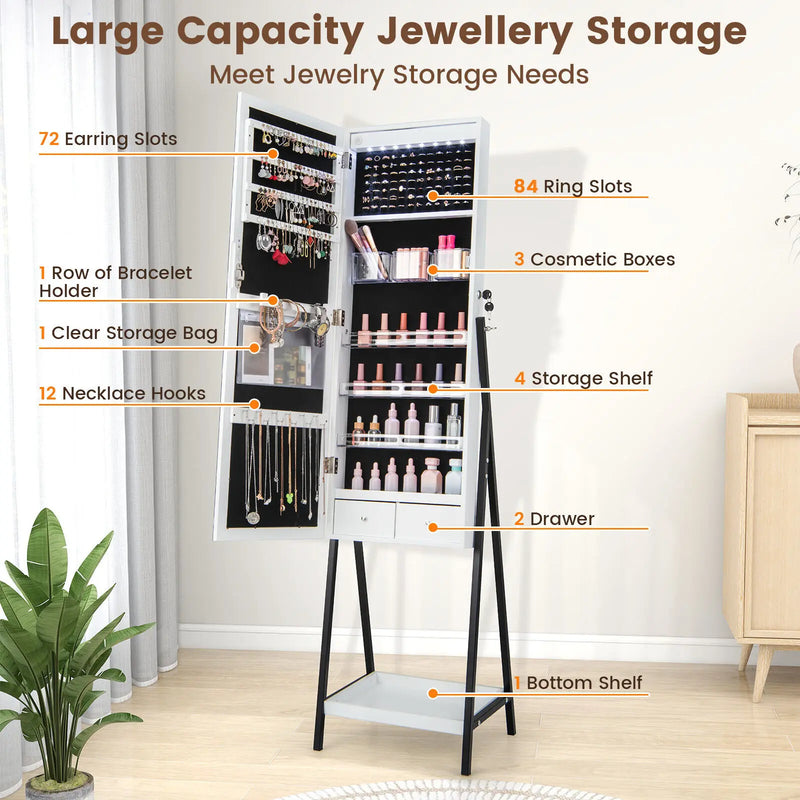 Large capacity jewellery storage cabinet with earring slots, ring slots, and shelves for organized accessories.