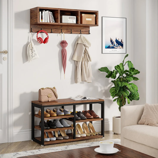 Industrial Coat Rack and Shoe Bench Set with 3 Storage Cubbies