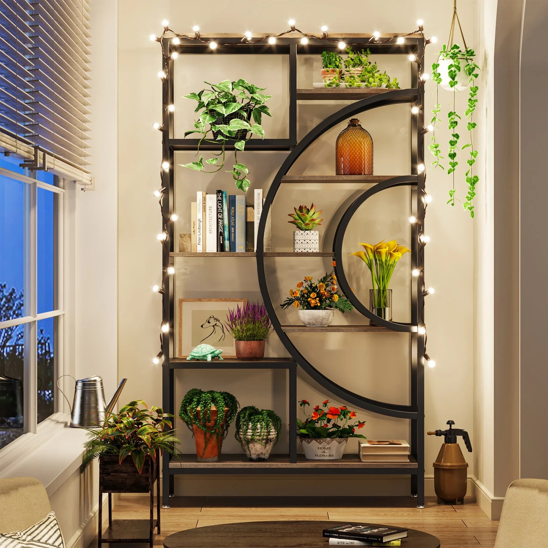 8-Tier Rustic Geometric Bookcase with Metal Frame - Luvasmr