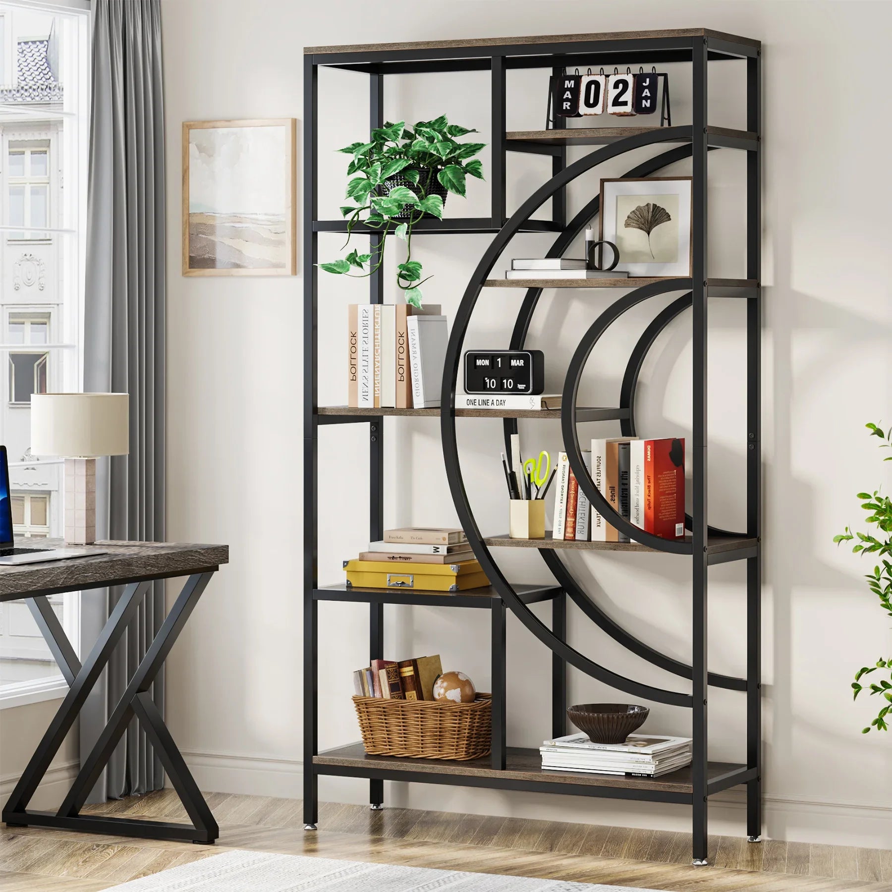 8-Tier Rustic Geometric Bookcase with Metal Frame - Luvasmr