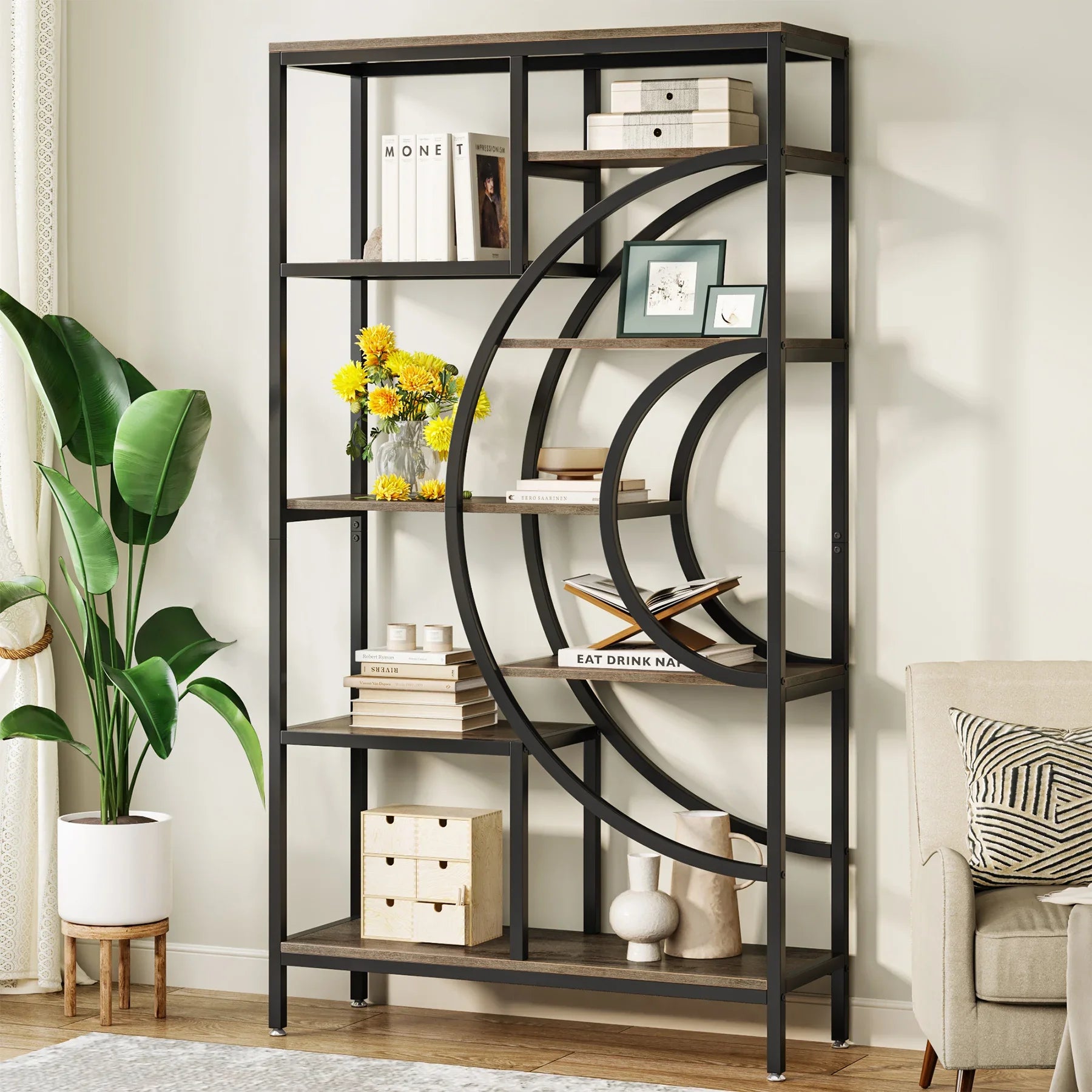 8-Tier Rustic Geometric Bookcase with Metal Frame - Luvasmr