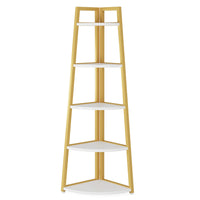 5-tier corner wooden bookcase with white shelves and golden frame for space-saving storage.