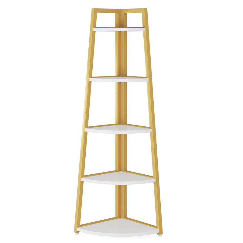 5-tier corner wooden bookcase with white shelves and golden frame for space-saving storage.