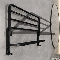 Matte black folding aluminium towel rack with hook, sleek and modern design for bathroom organization.