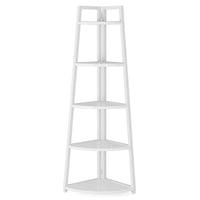 5-tier corner wooden bookcase in white, providing stylish and space-saving storage solution.