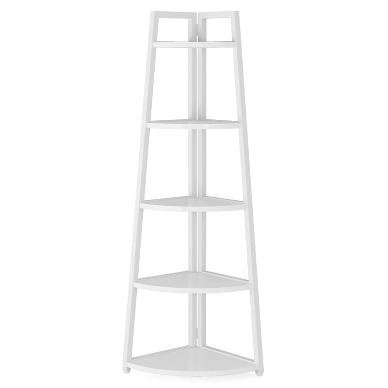 5-tier corner wooden bookcase in white, providing stylish and space-saving storage solution.