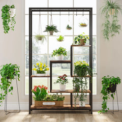 5-Tier Tall Indoor Plant Stand with Metal Frame and Hanging Hooks