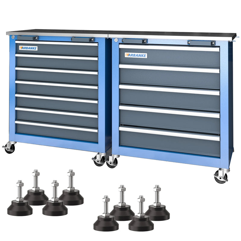 Versatile tool cabinet dual chest storage solution with multiple drawers and mobile wheels for efficient organization.