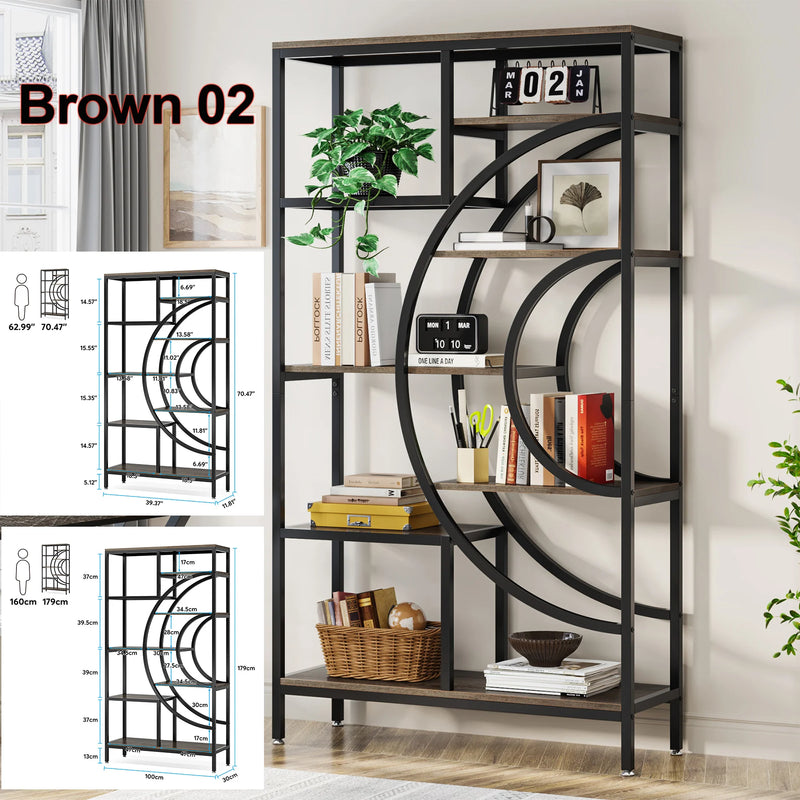 5-Tier Industrial Etagere Rustic Bookcase with iron frame and wood shelves, perfect for books and decor.