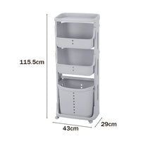 4-Tier storage rack with wheels, gray, durable storage solution, measuring 115.5cm x 43cm x 29cm, for mobile organization.
