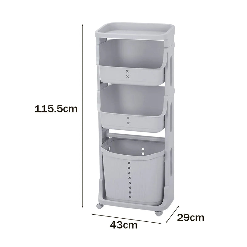 4-Tier storage rack with wheels, gray, durable storage solution, measuring 115.5cm x 43cm x 29cm, for mobile organization.