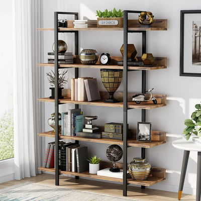 5-Tier Industrial Standing Bookshelf with Iron Pipe Frame - Luvasmr