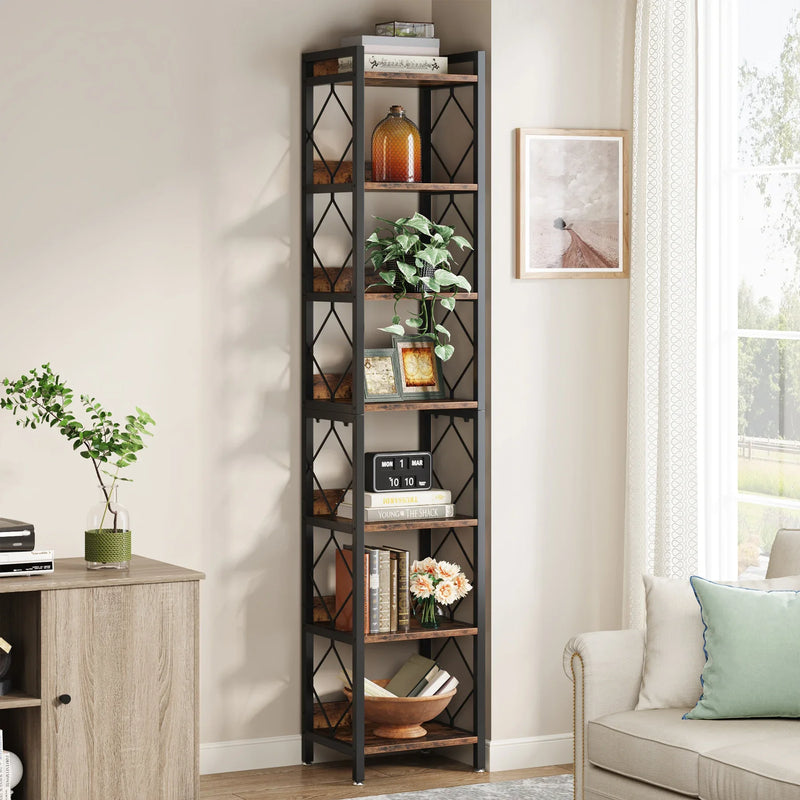 Stylish 7-tier tall narrow bookshelf with modern design, perfect for maximizing space in small areas.