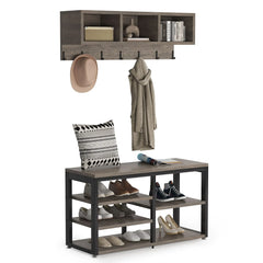 Industrial Coat Rack and Shoe Bench Set with 3 Storage Cubbies
