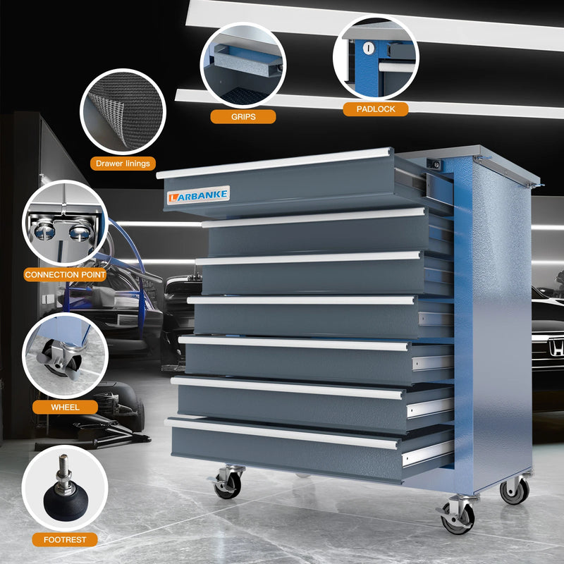 Versatile Tool Cabinet Dual Chest with six drawers, padlock, grips, and smooth wheels for efficient workspace organization.