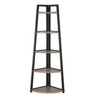 5-tier corner wooden bookcase with space-saving design, modern sleek look for books and decor storage.
