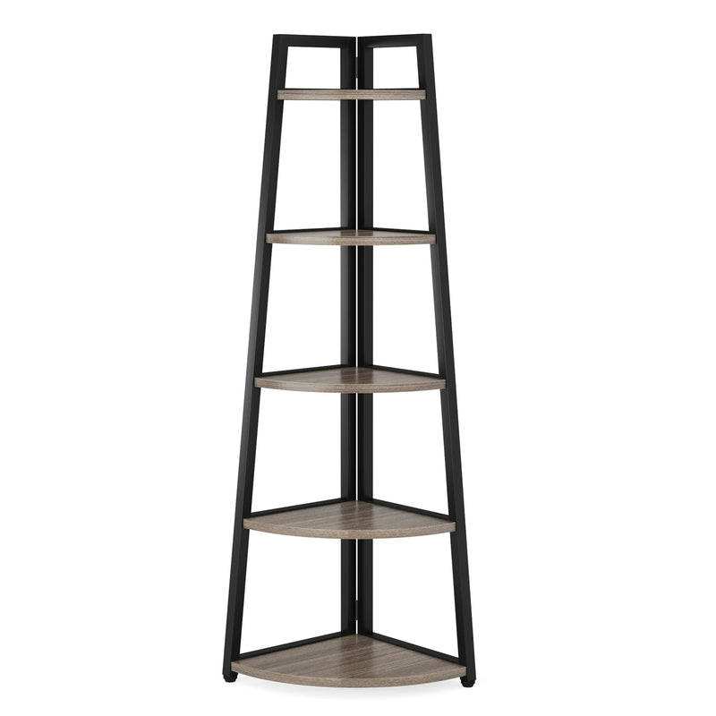 5-tier corner wooden bookcase with space-saving design, modern sleek look for books and decor storage.