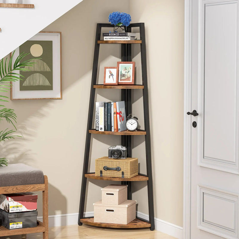 5-tier corner wooden bookcase with modern design, featuring books and decor, ideal for space-saving storage.