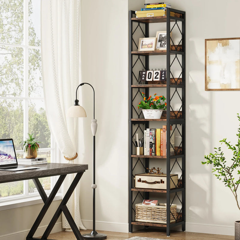 7-tier tall narrow bookshelf showcasing books and decor in a light-filled room with a modern aesthetic.