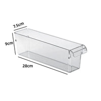 Clear Refrigerator Storage Container with measurements 28cm x 9cm x 7.5cm for eco-friendly fridge organization.