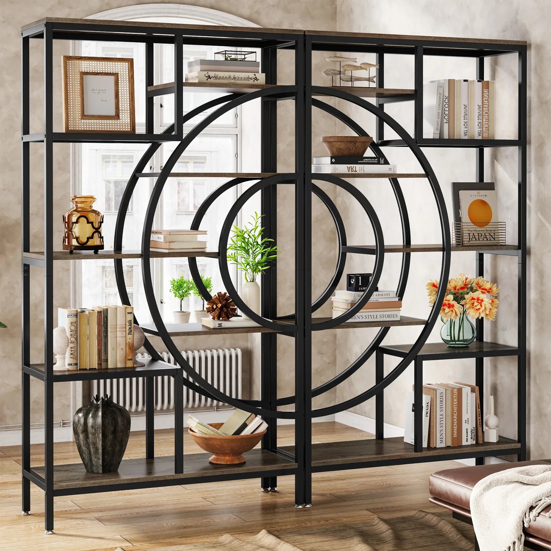 8-Tier Rustic Geometric Bookcase with Metal Frame - Luvasmr
