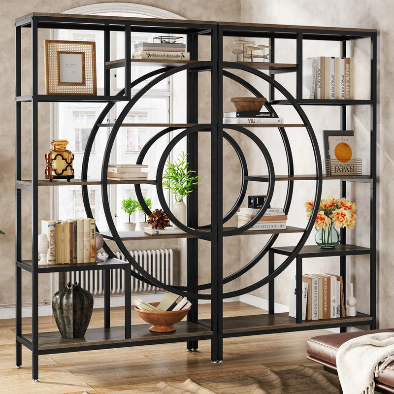8-Tier Rustic Geometric Bookcase with Metal Frame - Luvasmr