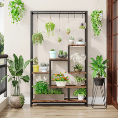 5-Tier Tall Indoor Plant Stand with Metal Frame and Hanging Hooks