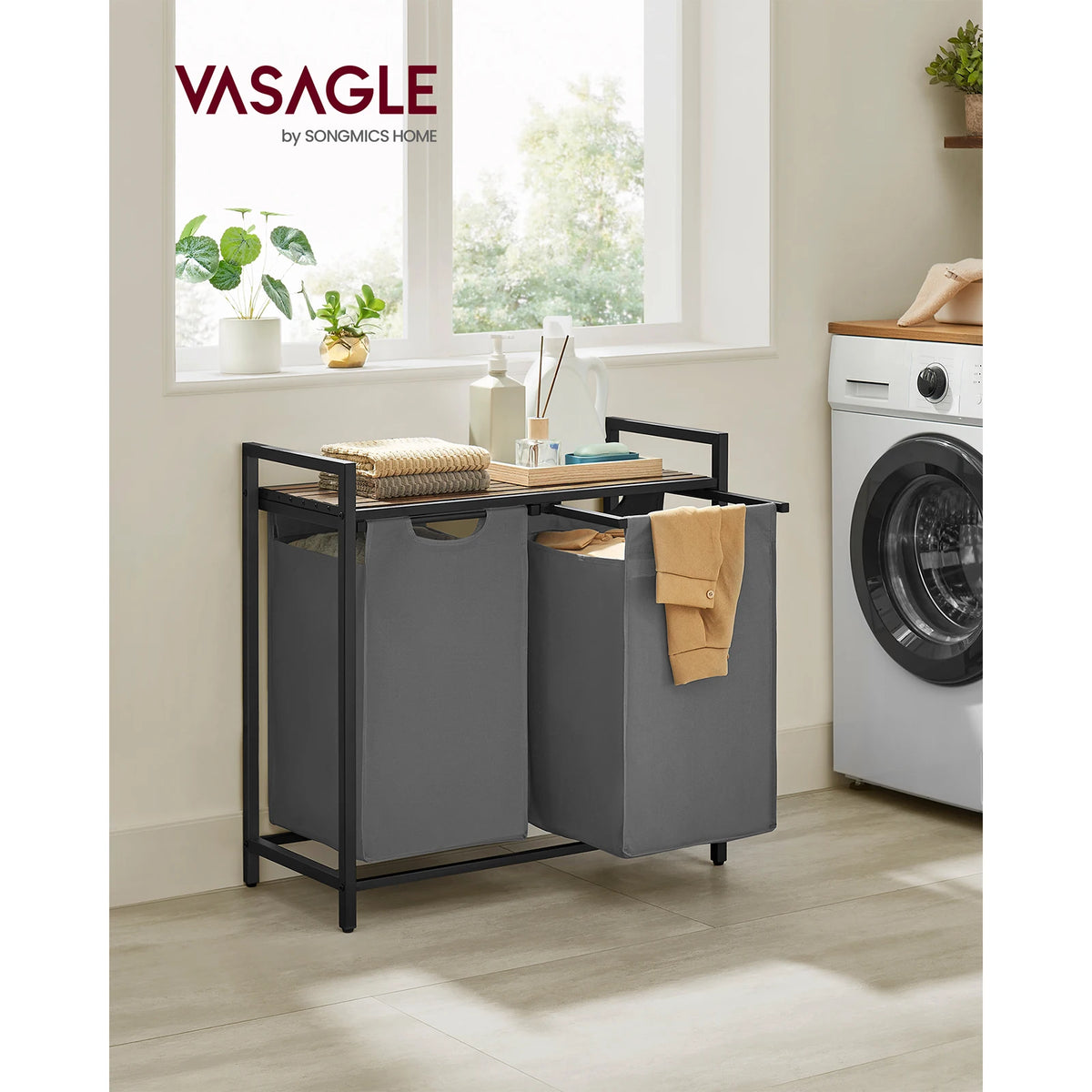 2-Compartment Laundry Basket with Pull-Out Removable Bags