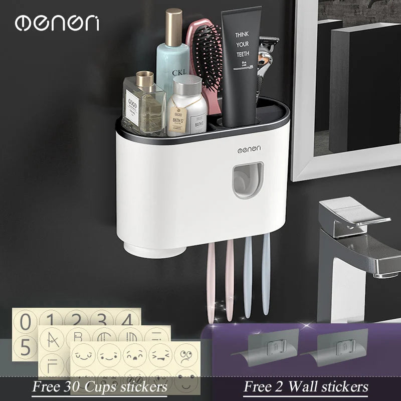 Magnetic Inverted Toothbrush Holder with Automatic Toothpaste Squeezer