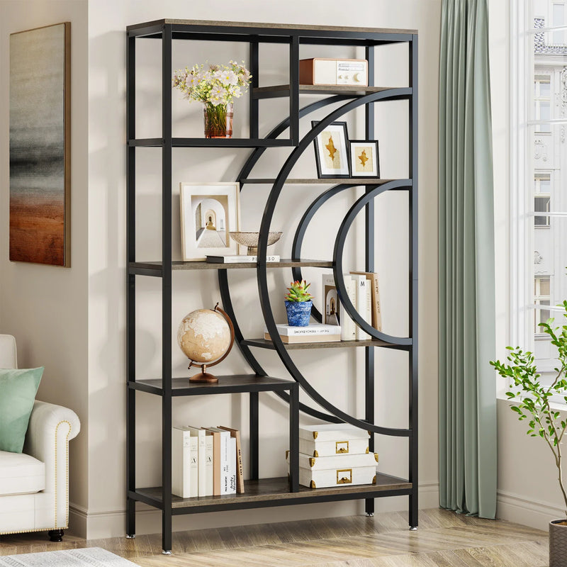 8-Tier Rustic Geometric Bookcase with Metal Frame - Luvasmr