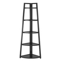 5-tier corner wooden bookcase in sleek black design, space-saving storage for books and decor in any room