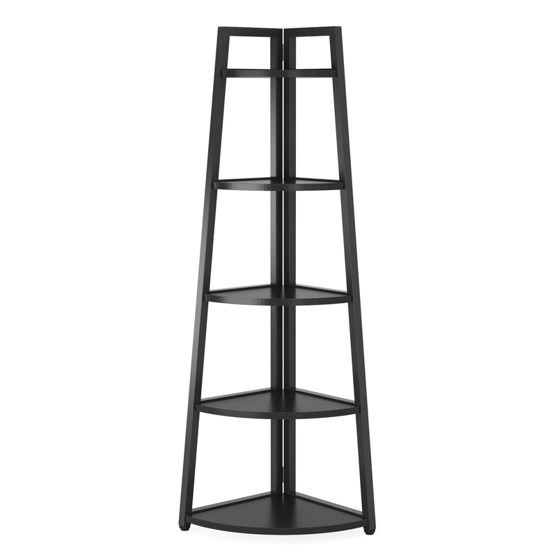 5-tier corner wooden bookcase in sleek black design, space-saving storage for books and decor in any room