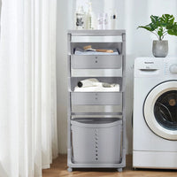 4-tier storage rack with wheels, showcasing organized essentials near a washing machine in a bright, modern laundry space.